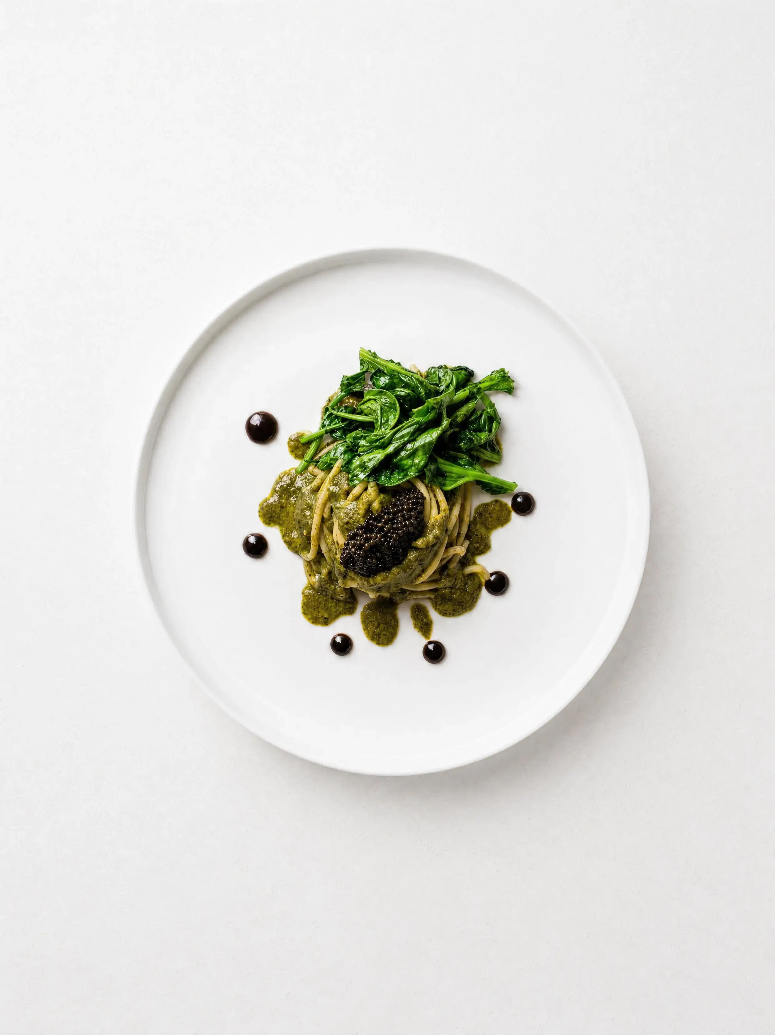 Spaghetti, Cime di Rapa, Aglio Nero e Caviale di Storione