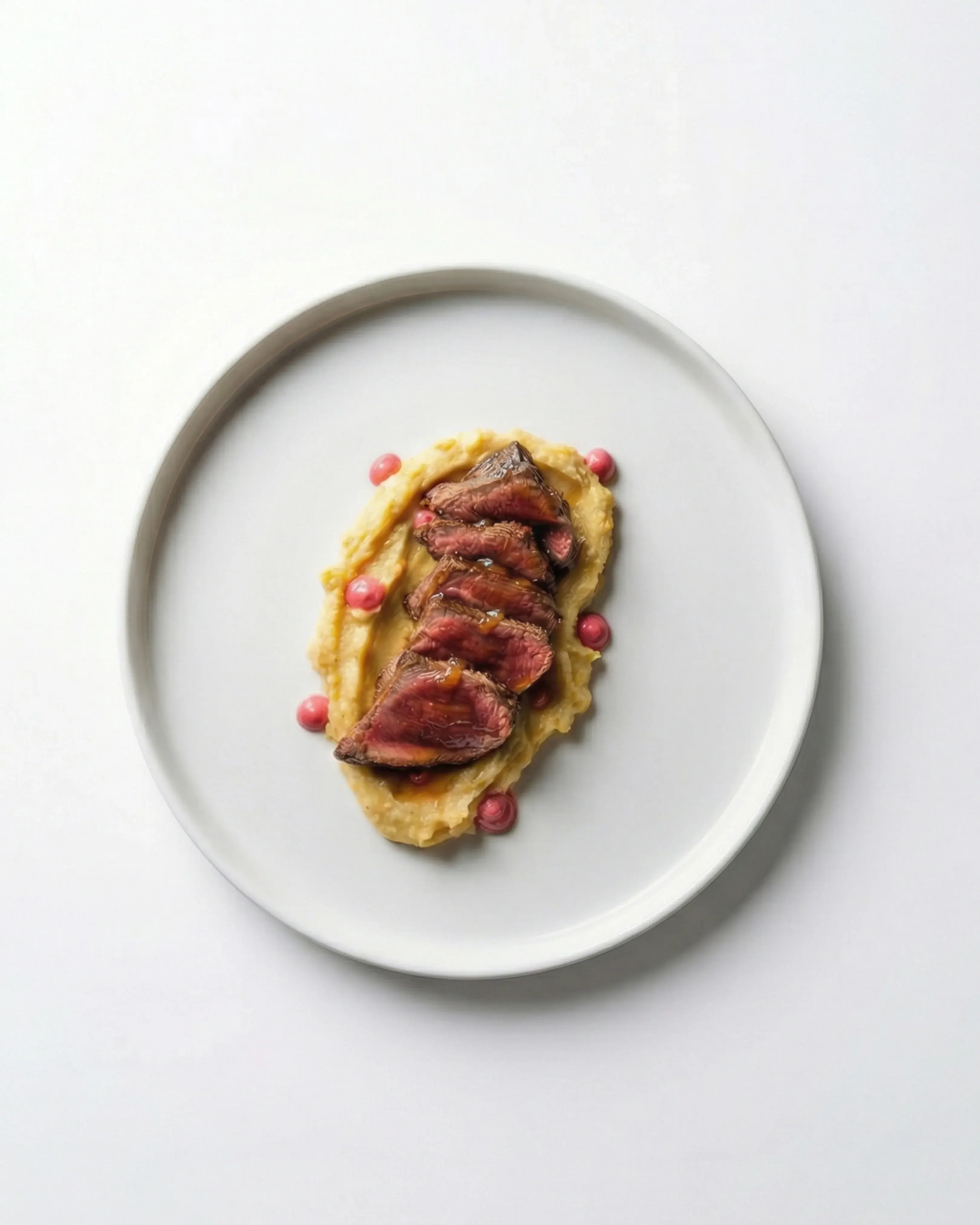 Tagliata di Scottona, Purè Affumicato e Cipolla in Saor